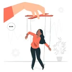 Illustration of a woman as a puppet on strings being controlled by a hand pulling those strings