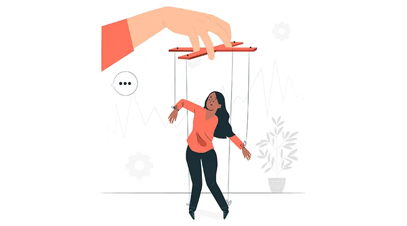 Illustration of a woman as a puppet on strings being controlled by a hand pulling those strings