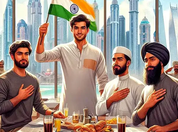 Illustration of Hindu, Muslim, Sikh and Christian young men seated around a table waving the Indian national flag