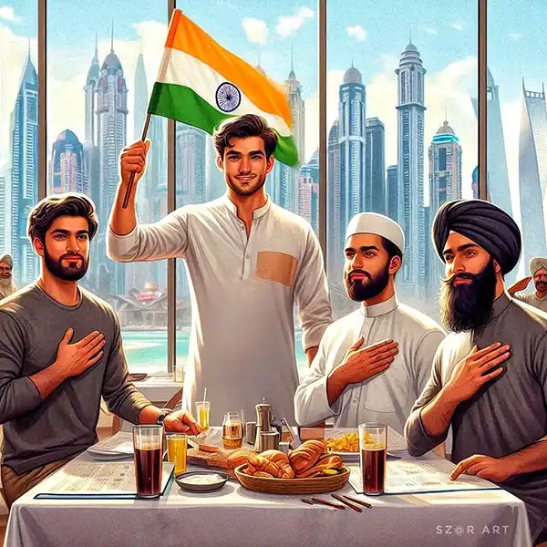 Illustration of Hindu, Muslim, Sikh and Christian young men seated around a table waving the Indian national flag