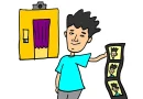Illustration of a man in front of a photo booth holding a string of photos