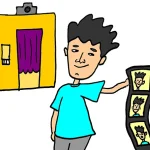 Illustration of a man in front of a photo booth holding a string of photos