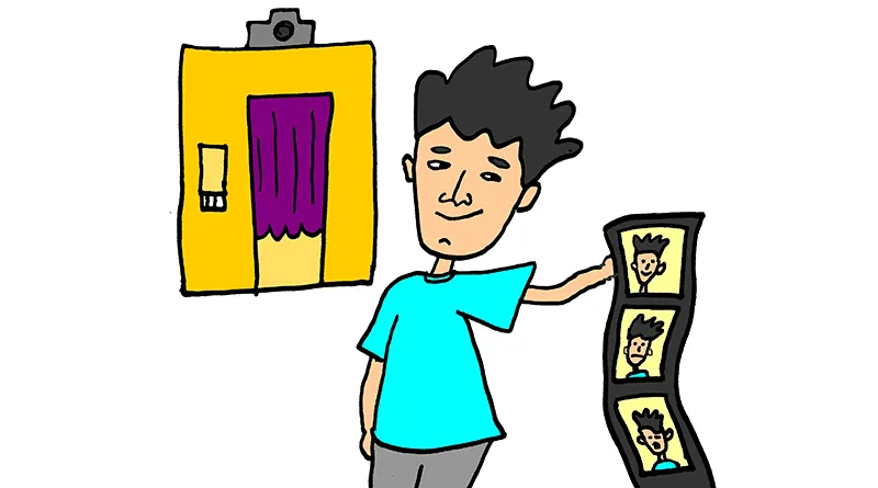 Illustration of a man in front of a photo booth holding a string of photos