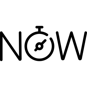 The word now with a watch in place of 'o'.