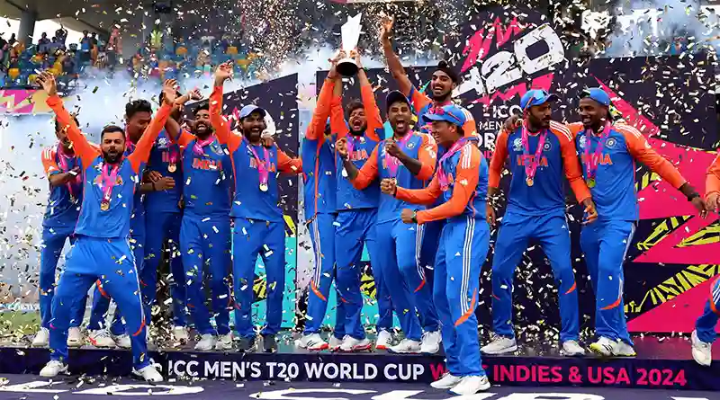 Team India celebrating their T20 World Cup win at Barbados.