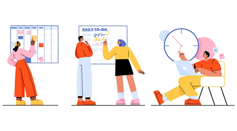Illustration of teens indulging in time management methods, scheduling, etc.