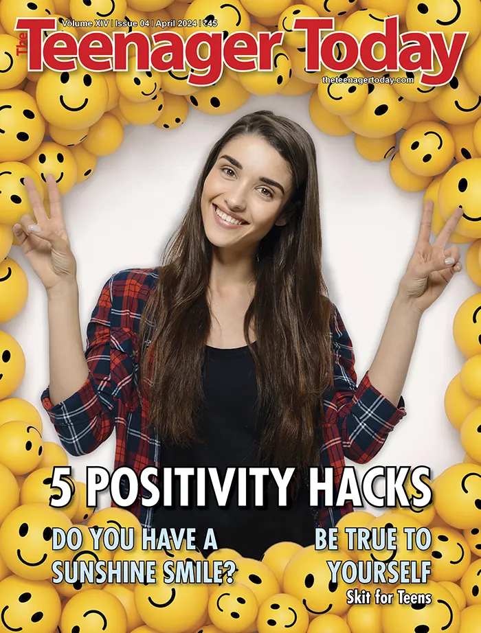 Cover of the April 2024 issue of The Teenager Today with a smiling young woman surrounded by smiley emojis on the cover