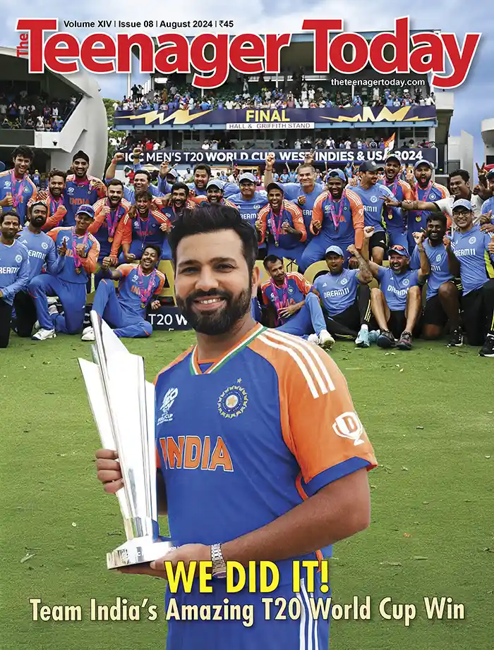 Cover of the August 2024 issue of The Teenager Today featuring Rohit Sharma and Team India after their T20 World Cup 2024 win