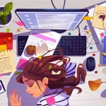 Illustration of a tired young girl lying asleep on a messy desk
