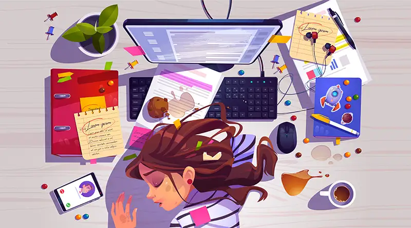 Illustration of a tired young girl lying asleep on a messy desk