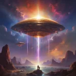Illustration of an alien spacecraft hovering above earth looking down on two human figures