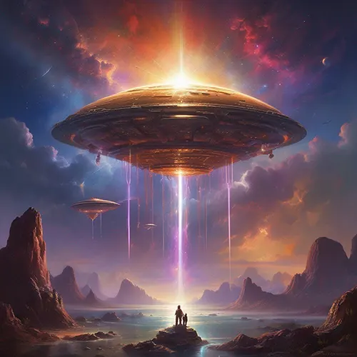 Illustration of an alien spacecraft hovering above earth looking down on two human figures