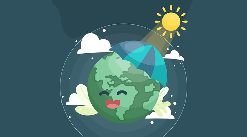 Illustration of earth sheltered from the sun by a striped umbrella