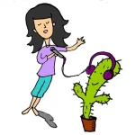 Young girl dancing with a cactus wearing headphones