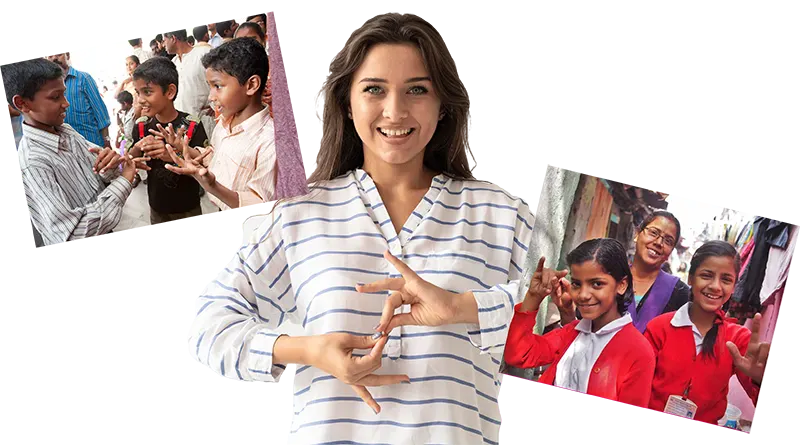Young woman using sign language while smiling