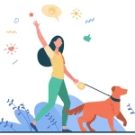 Illustration of young woman walking dog in a park