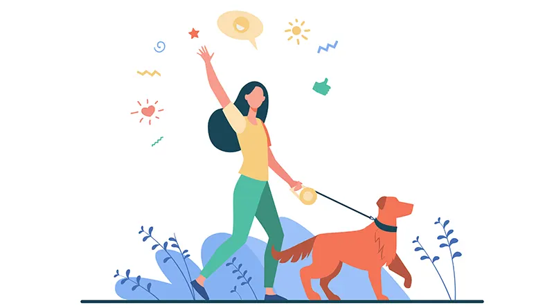Illustration of young woman walking dog in a park